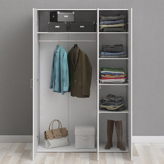 The CHOICEWARDROBE Scalia 3 Door Wardrobe in a white wooden finish features hanging rails, shelves for folded clothes, and ample storage—perfect modern bedroom storage—standing against a gray textured wall and light wood floor.
