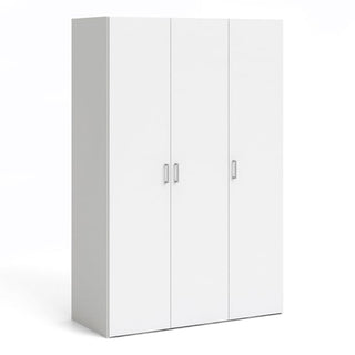 The CHOICEWARDROBE Scalia 3 Door Wardrobe features a white wooden finish, modern design, simple silver handles, and offers bedroom storage with a hanging rail and shelves. Width: 116cm. Perfect for organizing clothes and essentials.