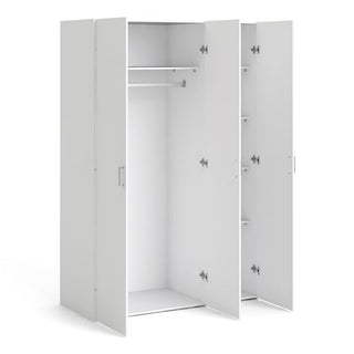 The CHOICEWARDROBE Scalia 3 Door Wardrobe in a white wooden finish is shown open, with hanging rails in the left and middle sections and shelves on the right, offering versatile bedroom storage. The wardrobe measures 116cm wide and is empty inside.