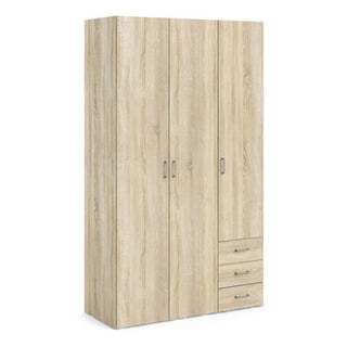 The CHOICEWARDROBE Scalia 3 Door Wooden Wardrobe in oak finish, 115cm wide, features three drawers, a hanging rail, shelves, and a modern storage design—all shown on a white background.