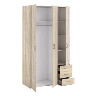 The CHOICEWARDROBE Scalia 3 Door Wooden Wardrobe in oak finish (115cm wide) offers a modern design with a hanging rail, shelves, and 3 drawers for versatile storage. Interior is white.