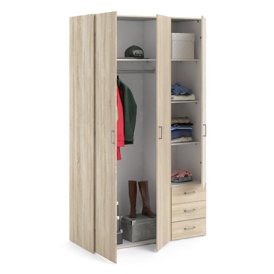 CHOICEWARDROBE Scalia 3 Door Oak finish wardrobe with hanging rail, shelves, and 3 drawers.