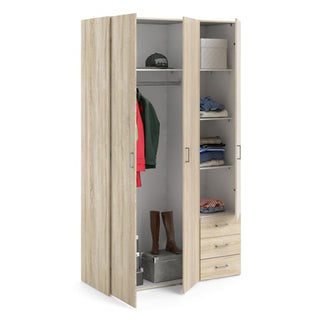 The CHOICEWARDROBE Scalia 3 Door Wooden Wardrobe in oak finish (115cm) features a modern design with a hanging rail, shelves for folded clothes or boxes, and 3 bottom drawers for extra storage.