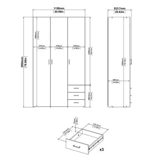 Technical drawing of the CHOICEWARDROBE Scalia 3 Door Wooden Wardrobe in oak finish (115cm wide), showing front, side, and drawer views. Dimensions: 2004mm height x 1158mm width x 523.7mm depth; includes three drawers and modern storage design.