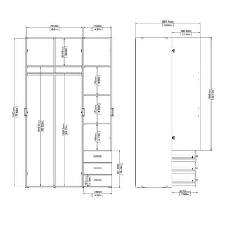 Technical drawing of CHOICEWARDROBE Scalia 3 Door Wooden Wardrobe (oak, 115cm wide) showing front and side views with detailed measurements in mm/inch, labeled shelves, drawers, hanging rail, and section dimensions.