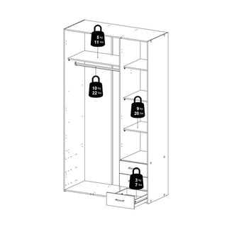 Black and white sketch of the CHOICEWARDROBE Scalia 3 Door Wardrobe in oak, showing weight limits: top shelf 11 lbs, hanging rail 22 lbs, side shelves 20 lbs, bottom shelf 7 lbs; features three drawers at the bottom.