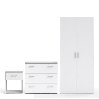 The CHOICEWARDROBE Scalia 3 Piece Bedroom Furniture Set includes a white wooden wardrobe, chest of drawers, and bedside table—a modern storage suite with sleek handles and clean design for any bedroom.