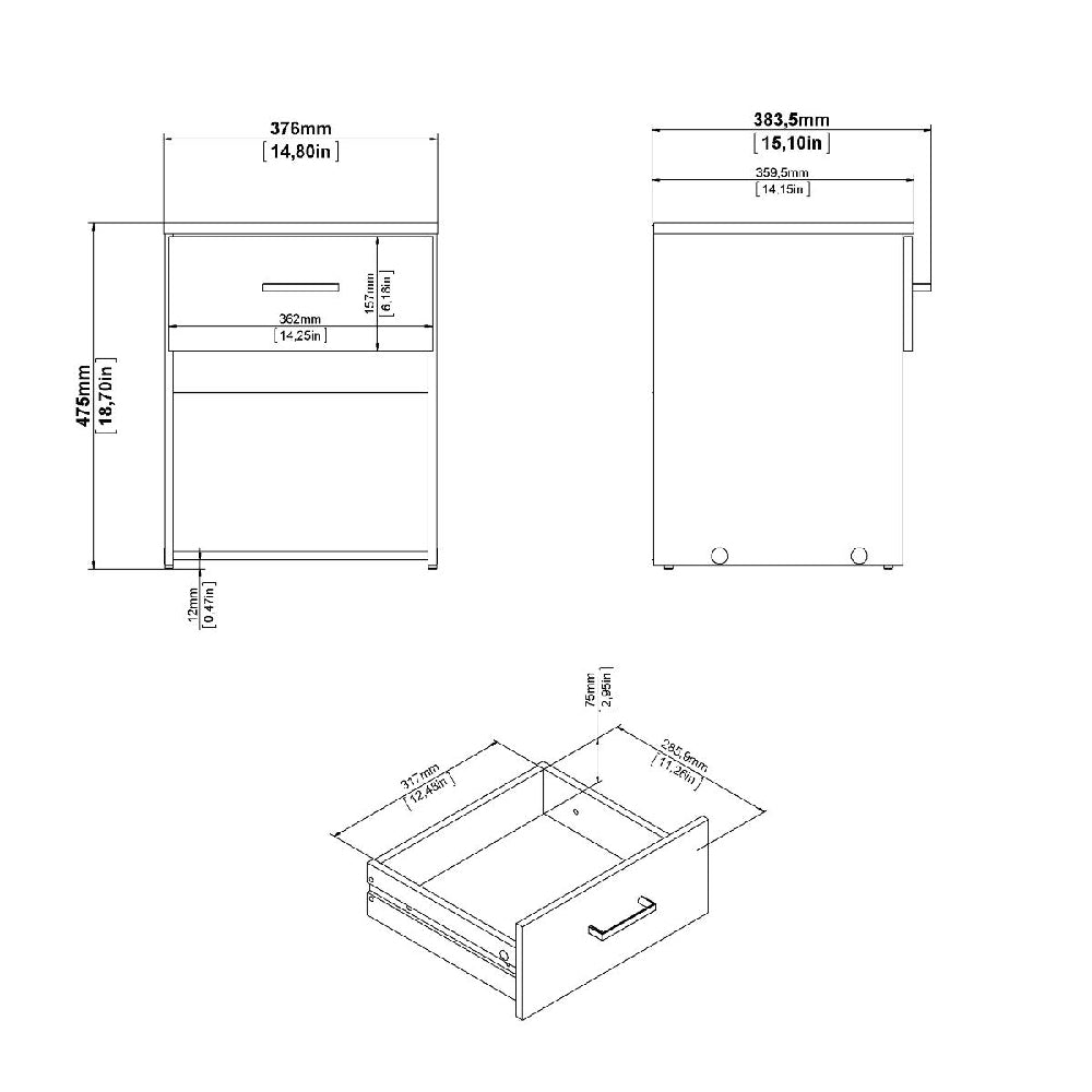 White Scalia modern bedroom furniture set technical drawing: wardrobe, chest of drawers, bedside table dimensions.