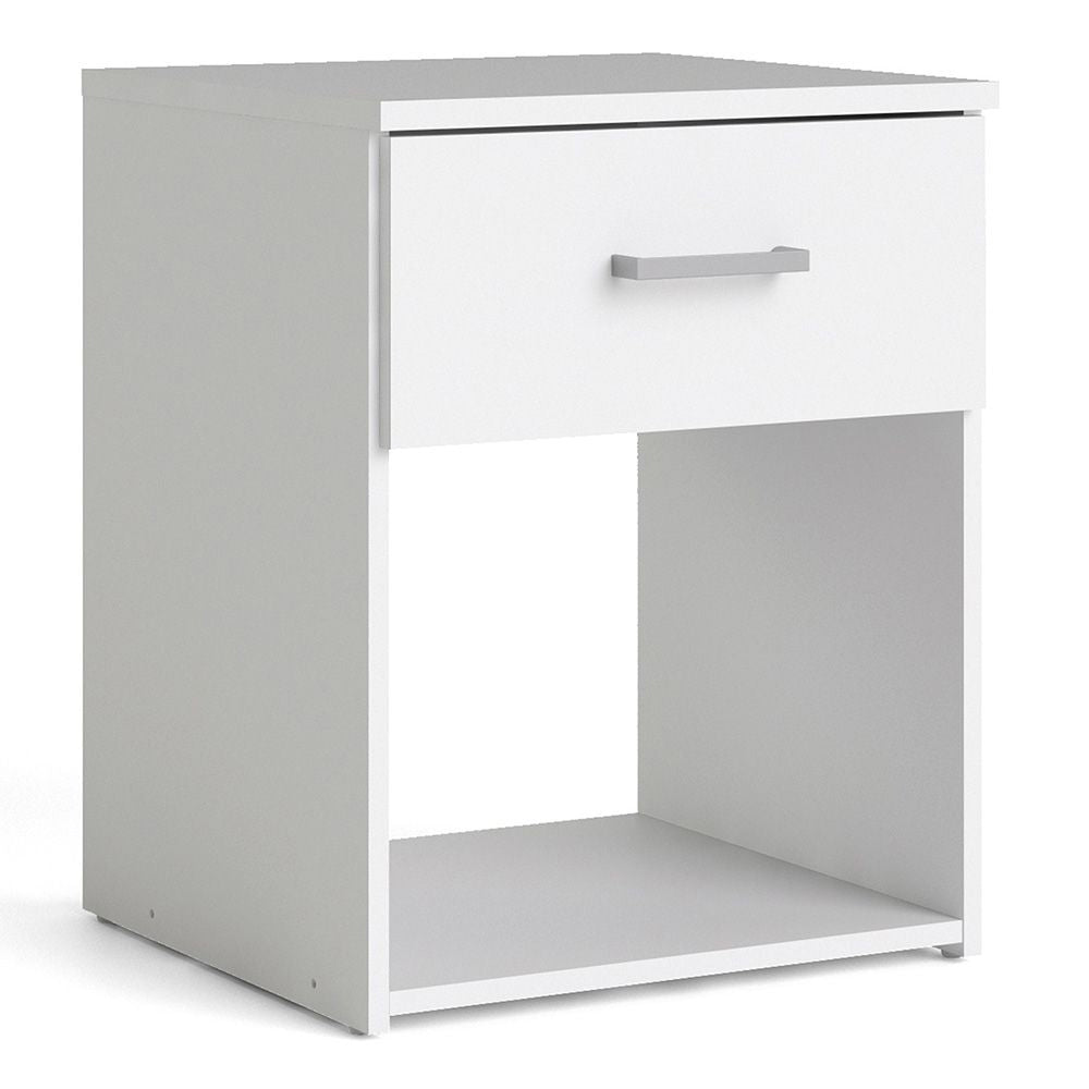 White modern bedside table with drawer and open shelf - part of CHOICEWARDROBE Scalia bedroom furniture set