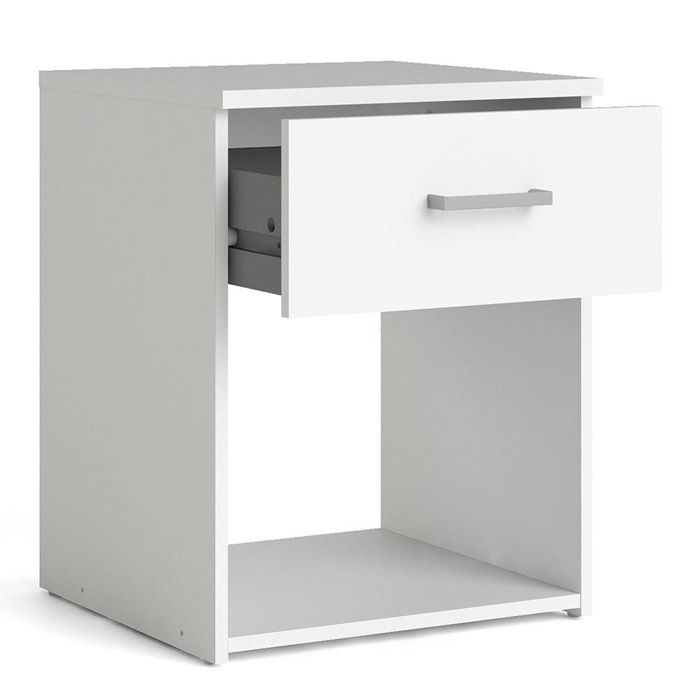 White Scalia bedside table/nightstand with open drawer and sleek handle - modern bedroom furniture