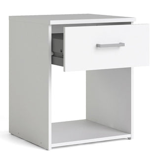 White Scalia bedside table/nightstand with open drawer and sleek handle - modern bedroom furniture