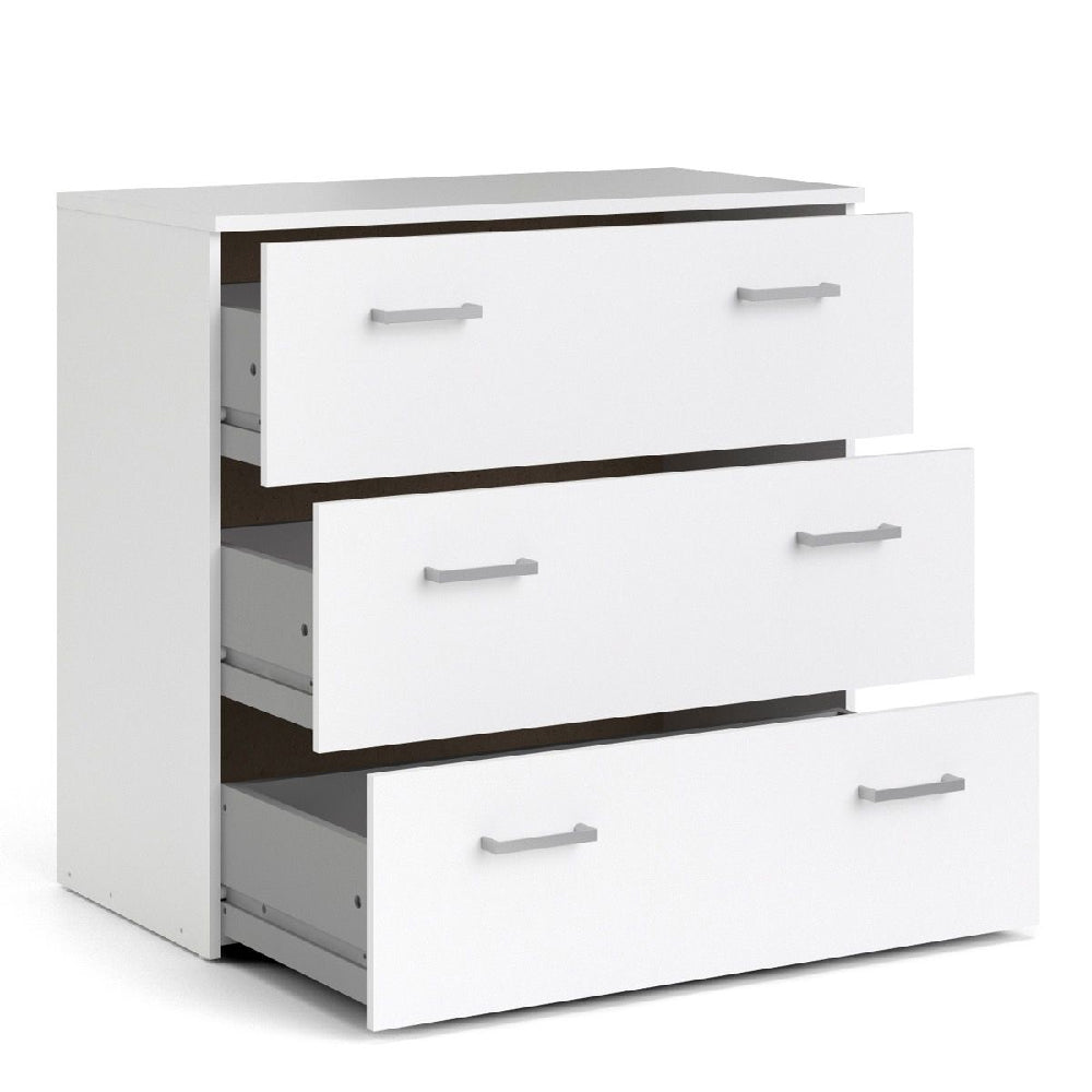 White 3 drawer chest of drawers with silver handles, part of Scalia modern bedroom furniture set