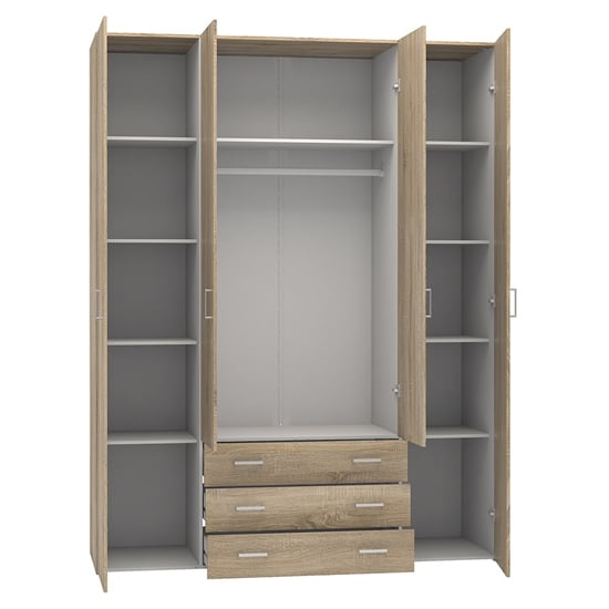 CHOICEWARDROBE Scalia 4-door, 3-drawer wardrobe interior with oak finish, showing shelves, hanging rail and drawers.