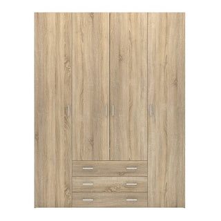 The CHOICEWARDROBE Scalia 4 Door 3 Drawer Wooden Wardrobe in oak finish offers modern bedroom storage with silver handles, a hanging rail, and shelves, combining style and function against a plain white background.