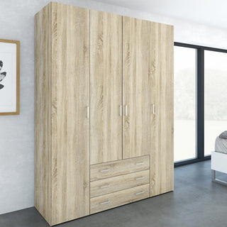 CHOICEWARDROBE Scalia 4 Door Wardrobe in Oak Finish – angled bedroom view showing modern wooden design with 3 drawers and hanging space
