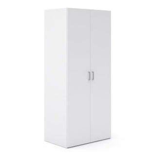 The CHOICEWARDROBE Scalia 77cm 2 Door Wooden Wardrobe in a white finish features simple metal handles, a hanging rail, and shelves for convenient storage. Its minimalistic design makes it ideal for modern spaces.