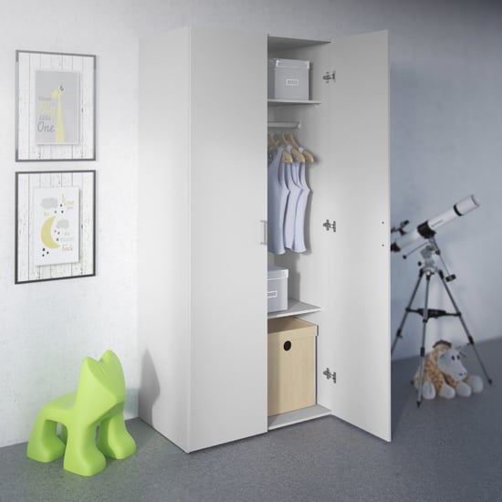 White 77cm 2-door wardrobe with hanging rail and shelves, showing shirts and storage boxes.