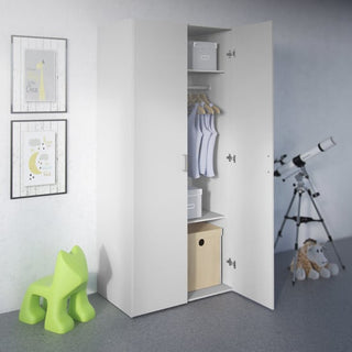 The CHOICEWARDROBE Scalia 77cm 2 Door Wooden Wardrobe in white, with hanging rail and shelves, displays shirts, storage boxes, and a cube bin—ideal for organized wardrobe storage.