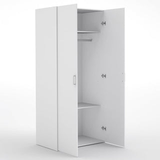 The CHOICEWARDROBE Scalia 77cm 2 Door Wooden Wardrobe in white features a hanging rail and shelves inside, simple handles, and visible hinges, offering practical storage with a clean, minimal design.