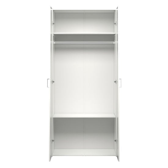 White 2-door wardrobe interior with top shelf, hanging rail, and lower shelf.