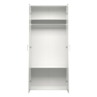The CHOICEWARDROBE Scalia 77cm 2 Door Wooden Wardrobe in white features a top shelf, central hanging rail, and lower shelf inside a simply designed, empty interior.