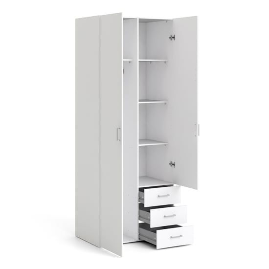 White wardrobe interior with open doors showing shelves and three drawers below.