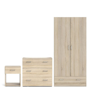 The CHOICEWARDROBE Scalia Oak 3 Piece Bedroom Set includes a natural light oak finish 2-door wardrobe, a 3-drawer chest, and a bedside table, all featuring silver handles.