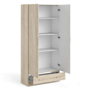 The CHOICEWARDROBE Scalia Oak 2-Door Wardrobe from the 3-piece bedroom set is shown open, revealing a white interior with three shelves and a bottom drawer. The natural light oak finish features sleek silver handles.