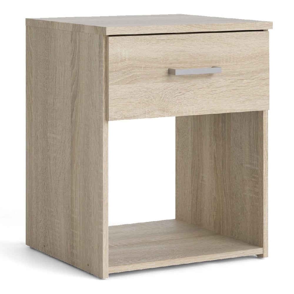 Light oak bedside table with drawer and shelf, silver handle, modern bedroom furniture, Scalia collection