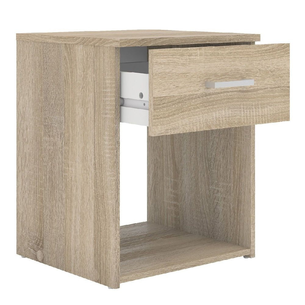 Light oak bedside table with open drawer, lower shelf, and silver handle | Bedroom furniture