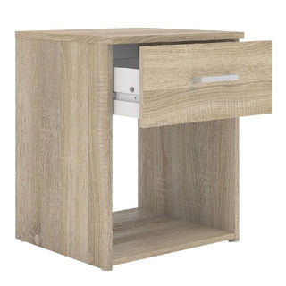 The CHOICEWARDROBE Scalia Oak Wooden Bedroom Set features a light oak bedside table with an open drawer, lower shelf, and sleek silver handle—ideal for enhancing your bedroom or pairing with an oak furniture set.