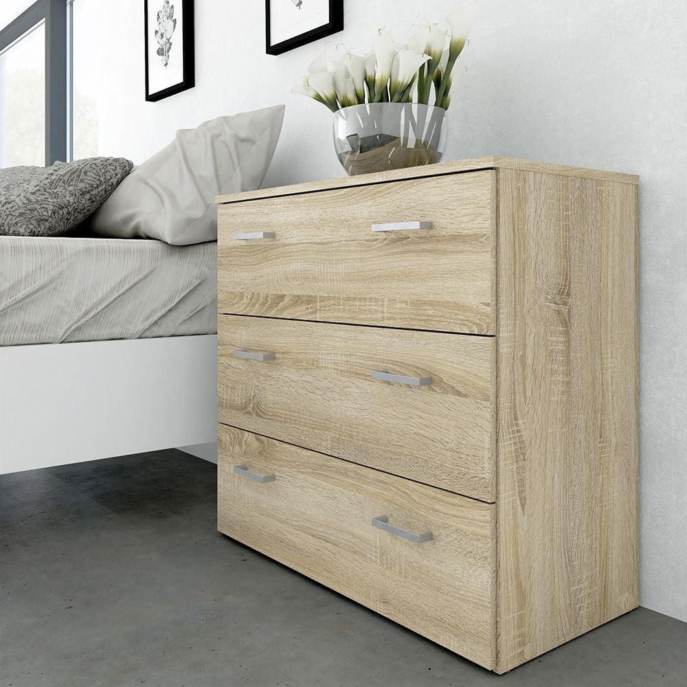 CHOICEWARDROBE SCALIA light oak 3 drawer chest with silver handles, part of a bedroom set.
