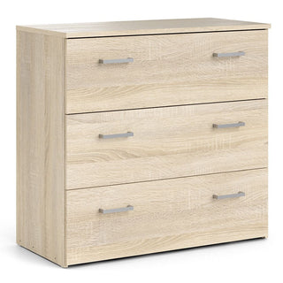 The CHOICEWARDROBE Scalia Oak Bedroom Set features a 3-drawer chest in a natural light oak finish with silver handles, showcasing a clean modern design and visible wood grain as part of a stylish 3-piece collection.