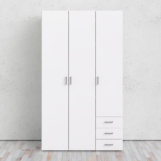 White 3-door wardrobe with drawers
