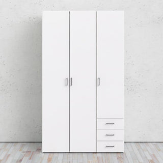 The CHOICEWARDROBE Scalia Wardrobe 115cm in white features a 3 door design with drawers and hanging rail storage, making it an ideal bedroom furniture solution to organize clothes in style.
