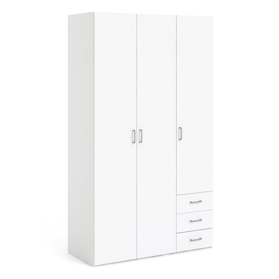White 3 door wardrobe with drawers and hanging rail