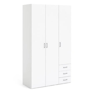 The CHOICEWARDROBE Scalia Wardrobe 115cm features a sleek white wooden finish, 3 doors, right-side drawers, and a hanging rail for modern storage—ideal for organizing your bedroom space.