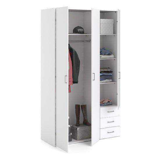 White 3 door wardrobe with drawers and hanging rail storage