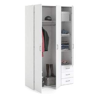 The CHOICEWARDROBE Scalia Wardrobe 115cm in white offers a 3-door design with hanging rail storage for clothes, shelves for folded items and boxes, and three bottom drawers—ideal for organized bedroom storage.