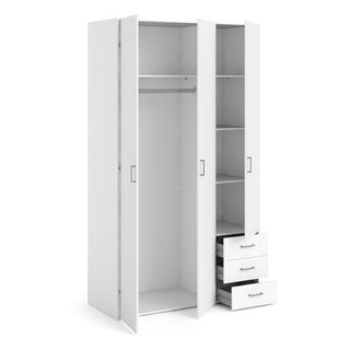 The CHOICEWARDROBE Scalia Wardrobe 115cm features a white wooden finish, 3 doors, a hanging rail on the left, shelves and three drawers (two open) on the right—offering stylish and practical bedroom storage.