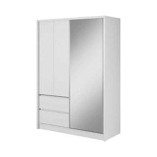 The CHOICEWARDROBE Sedona 154cm Wooden Mirrored Sliding Door Wardrobe in matt white features modern bedroom storage with two drawers and a full-length right-side mirror, shown against a plain white background.