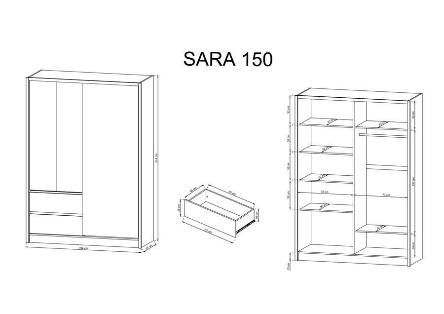 Technical drawing of a SARA 150 matt white sliding door wardrobe with drawers and dimensions.