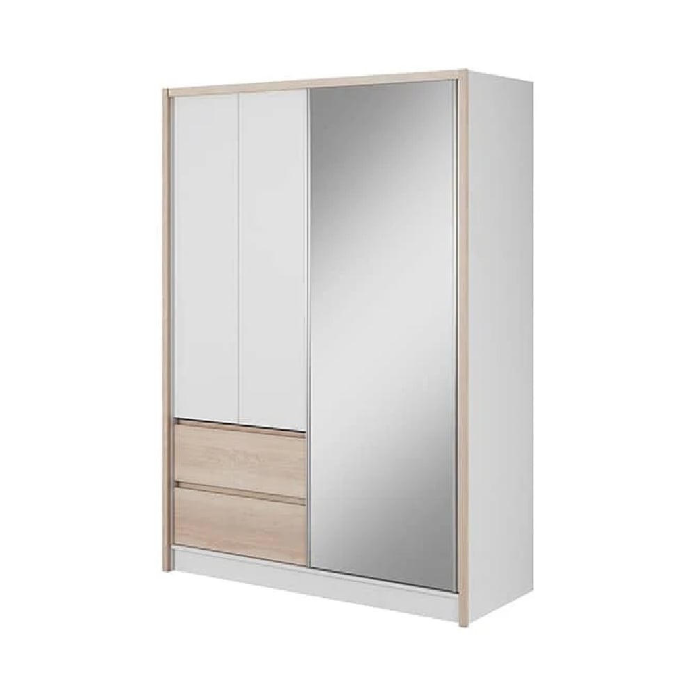 Sedona 154cm wardrobe with Sonoma Oak and white finish, mirrored sliding door, two white doors, and two drawers.