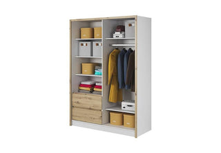 The CHOICEWARDROBE Sedona 154cm Wooden Mirrored Wardrobe, featuring 2 sliding doors in artisan oak and white, offers shelves for storage boxes, folded clothes, drawers, and space for hanging jackets—an ideal modern bedroom solution.