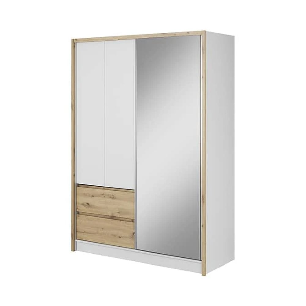 CHOICEWARDROBE Sedona 154cm wardrobe with 2 sliding mirrored doors in Artisan Oak and white finish.