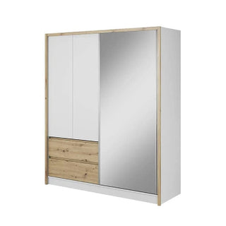 The CHOICEWARDROBE Sedona 184cm wardrobe offers a modern white and natural oak contrast design with sliding mirrored doors, drawers, shelves, and a hanging rail–the perfect stylish storage solution for your bedroom.
