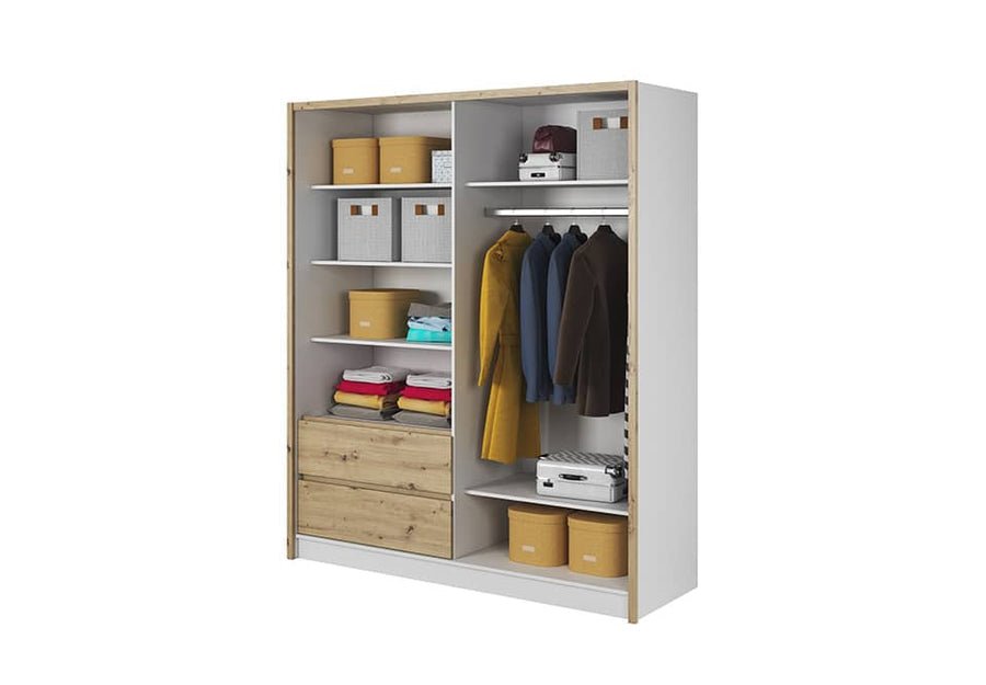 CHOICEWARDROBE 184cm 2-door sliding wardrobe with mirrored doors, drawers, shelves and hanging rail in white and natural oak.