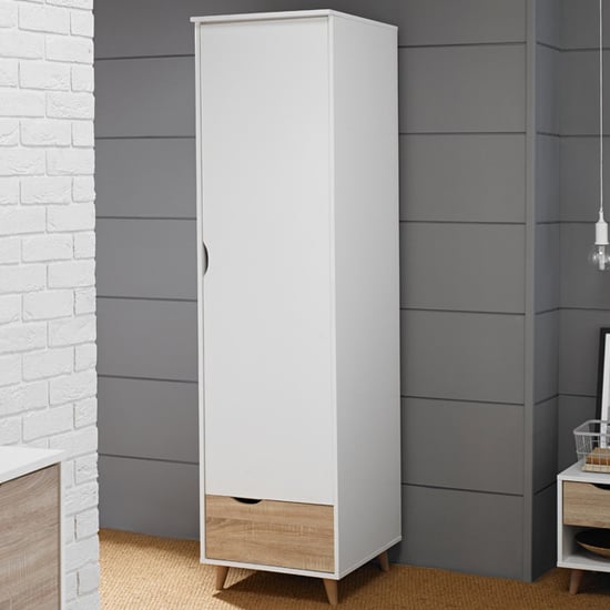CHOICEWARDROBE Selkirk single door wardrobe, white and oak finish with bottom drawer, on angled legs.