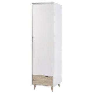 The CHOICEWARDROBE Selkirk 50cm Wooden Single Door Wardrobe in white & oak offers modern, compact storage with a bottom drawer and angled wooden legs—ideal for bedrooms or hallways.