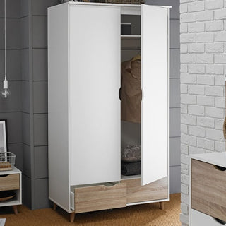 The CHOICEWARDROBE Selkirk Wooden Wardrobe features 2 doors and drawers in a white & oak effect. This 100cm modern Scandi wardrobe with hanging rail and storage drawers stands in a stylish room with gray and white walls.
